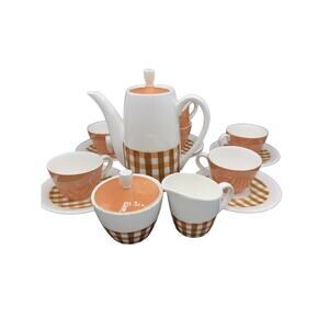 Lefton’s vintage ceramic coffee or tea set Orange & White Gingham Pattern 15PC